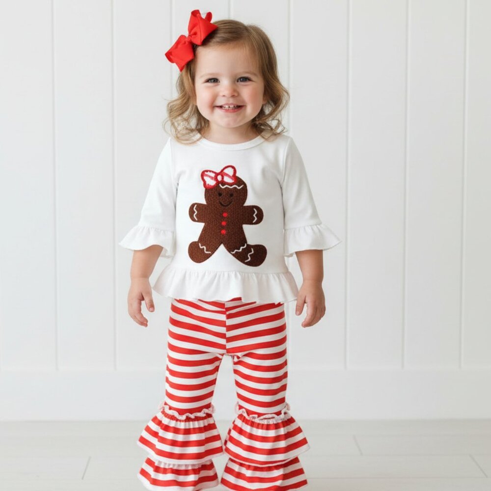 Boutique Ruffle Striped Gingerbreat Outfit, Girls